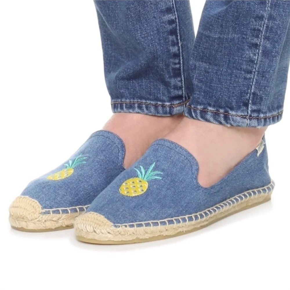 SOLUDOS Embroidered Pineapple Denim Canvas Slip On Beach Summer Espadrilles 8
